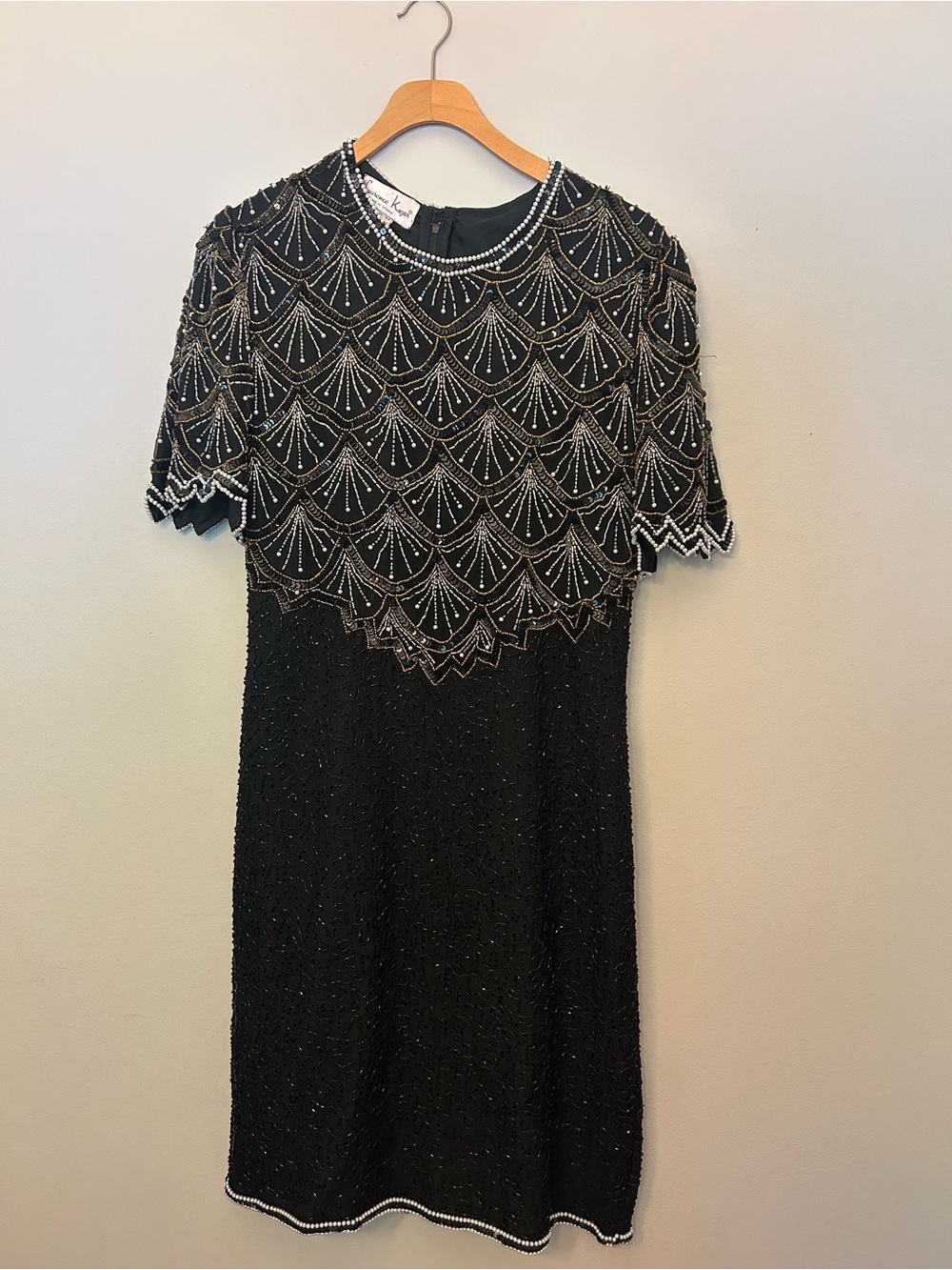 Laurence Kazar Black Beaded Midi Dress with Silver Accents